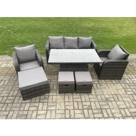 Fimous Outdoor Rattan Furniture Garden Dining Sets Height Adjustable Rising lifting Table and Chair Set With  Lounge Sofa 3 Footstools