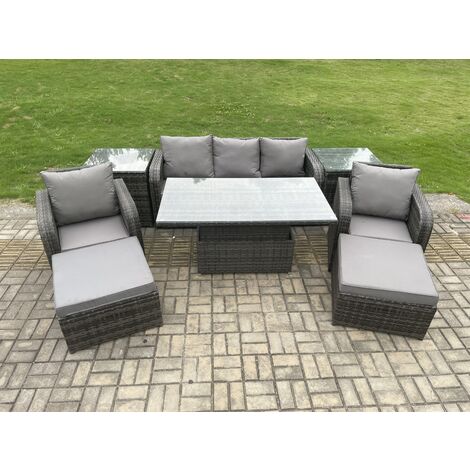 Fimous Outdoor Rattan Furniture Sofa Garden Dining Sets Height Adjustable Rising lifting Table and Chair Set With  2 Side Tables 2 Big Footstools