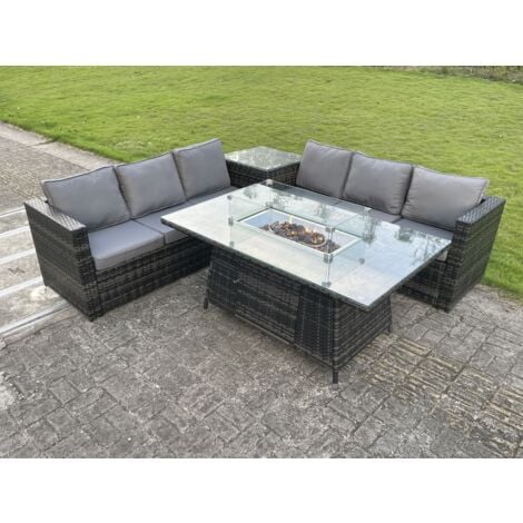 Fimous Outdoor Rattan Garden Corner Furniture Gas Fire Pit Table Dining Sets Gas Heater Burner Lounge Dark Grey 6 Seater