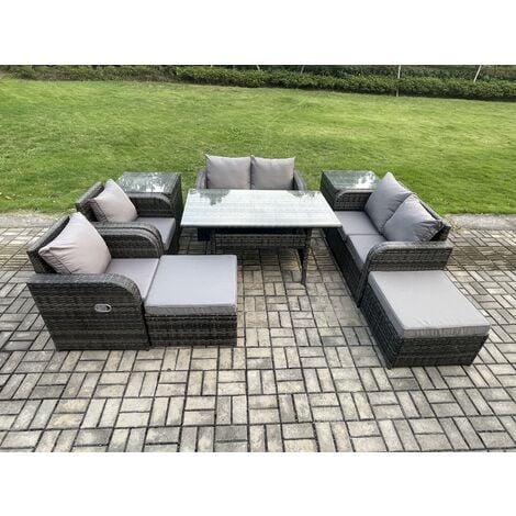 Fimous Outdoor Rattan Garden Furniture 9 piece Grey Patio Furniture Set 8 Seater Lounge Sofa Set with Rectangular Table Reclining Chairs 2 Big Stools 2 Side Tables