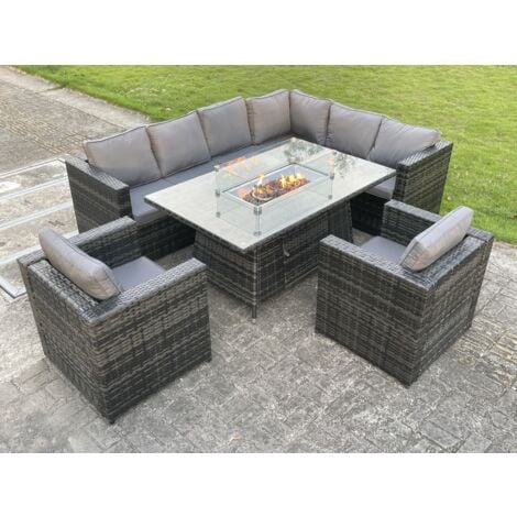 Fimous Outdoor Rattan Garden Furniture Corner Sofa Burner Gas Fire Pit Table Sets Lounge Chairs Dark Grey 8 Seater