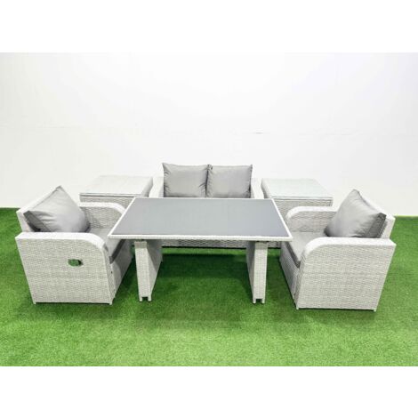 Fimous Outdoor Rattan Garden Furniture Dining Set 4-seater Patio Rectangular Table Love Sofa Reclining Chair Set with 2 Side Tables