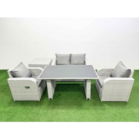 Fimous Outdoor Rattan Garden Furniture Dining Set 4-seater Patio Rectangular Table Love Sofa Reclining Chair Set with Side Table