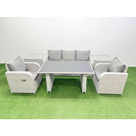 Fimous Outdoor Rattan Garden Furniture Dining Set 5-seater Patio Rectangular Table 3 Seater Sofa Reclining Chair Set with 2 Side Tables