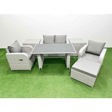 Fimous Outdoor Rattan Garden Furniture Dining Set 5-seater Patio Rectangular Table Love Sofa Reclining Chair Set with 2 Side Tables Big Stool