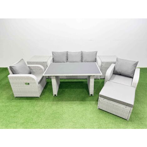 Fimous Outdoor Rattan Garden Furniture Dining Set 6-seater Patio Rectangular Table 3 Seater Sofa Reclining Chair Set with 2 Side Tables Big Stool