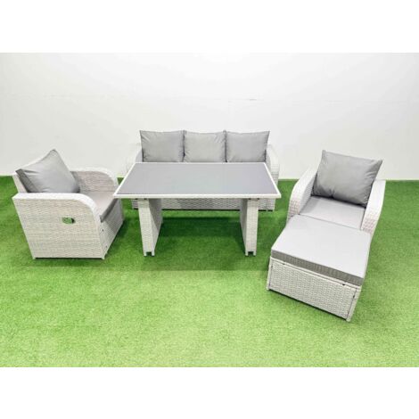 Fimous Outdoor Rattan Garden Furniture Dining Set 6-seater Patio Rectangular Table 3 Seater Sofa Reclining Chair Set with Big Stool