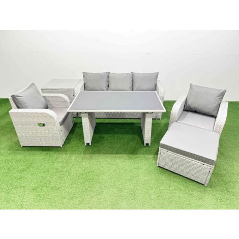 Fimous Outdoor Rattan Garden Furniture Dining Set 6-seater Patio Rectangular Table 3 Seater Sofa Reclining Chair Set with Side Table Big Stool