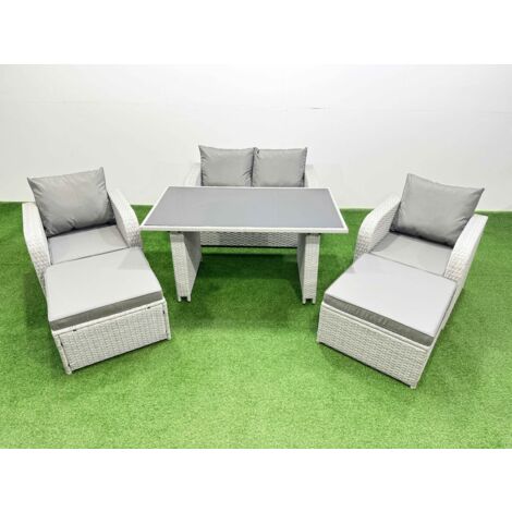 Fimous Outdoor Rattan Garden Furniture Dining Set 6-seater Patio Rectangular Table Love Sofa Reclining Chair Set with 2 Big Stools