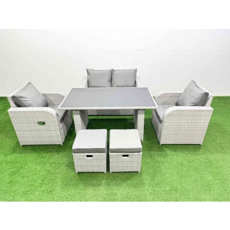 Fimous Outdoor Rattan Garden Furniture Dining Set 6-seater Patio Rectangular Table Love Sofa Reclining Chair Set with 2 Small Stools