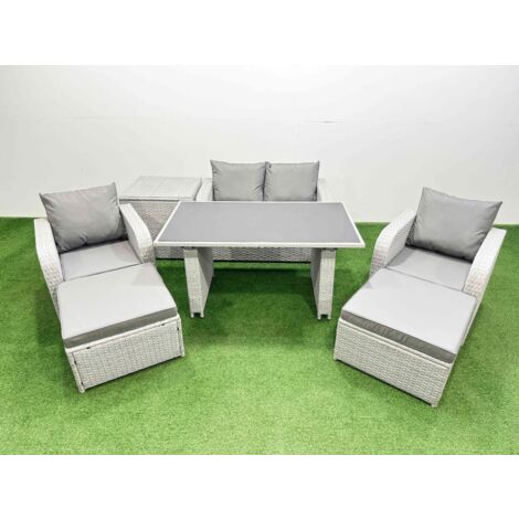 Fimous Outdoor Rattan Garden Furniture Dining Set 6-seater Patio Rectangular Table Love Sofa Reclining Chair Set with Side Table 2 Big Stools