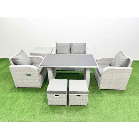 Fimous Outdoor Rattan Garden Furniture Dining Set 6-seater Patio Rectangular Table Love Sofa Reclining Chair Set with Side Table 2 Small Stools