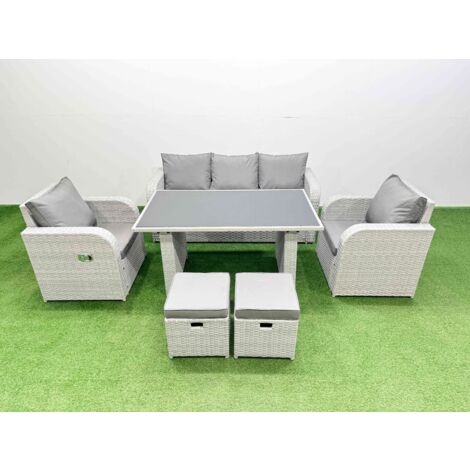 Fimous Outdoor Rattan Garden Furniture Dining Set 7-seater Patio Rectangular Table 3 Seater Sofa Reclining Chair Set with 2 Small Stools