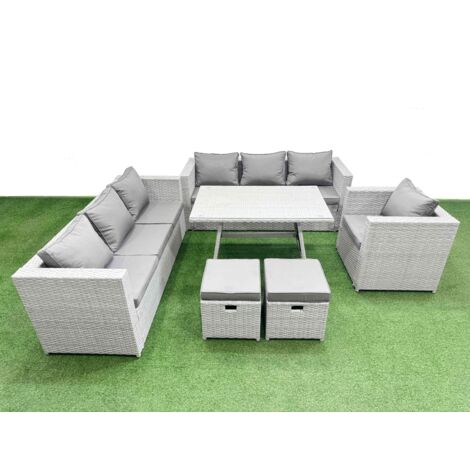 Fimous Outdoor Rattan Garden Furniture Dining Set 9-seater Patio Rectangular Table 3 Seater Sofa Armchair Set with 2 Small Stools