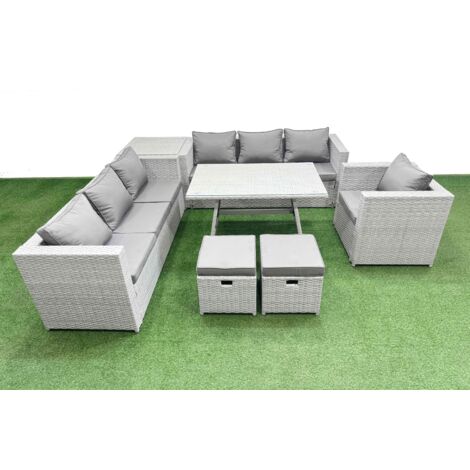 Fimous Outdoor Rattan Garden Furniture Dining Set 9-seater Patio Rectangular Table 3 Seater Sofa Armchair Set with Side Table 2 Small Stools