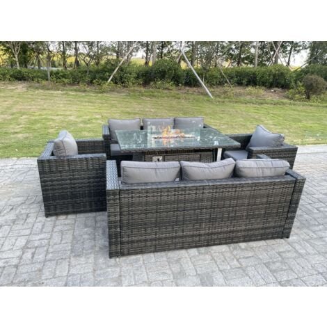Fimous Outdoor Rattan Garden Furniture Gas Fire Pit Table Sets Gas Heater Lounge Chairs Dark Grey 8 Seater