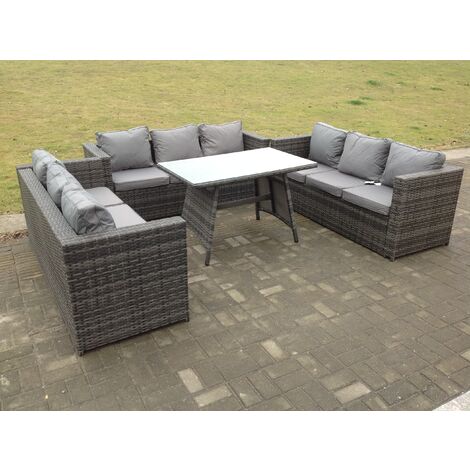 Fimous Outdoor Rattan Garden Furniture Lounge Sofa Set With Oblong Dining Table With Clear Tempered Glass