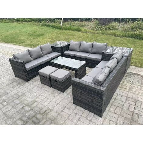 Fimous Outdoor Rattan Garden Furniture Lounge Sofa Set With Oblong Rectagular Coffee Table 2 Stools And 2 Side Table