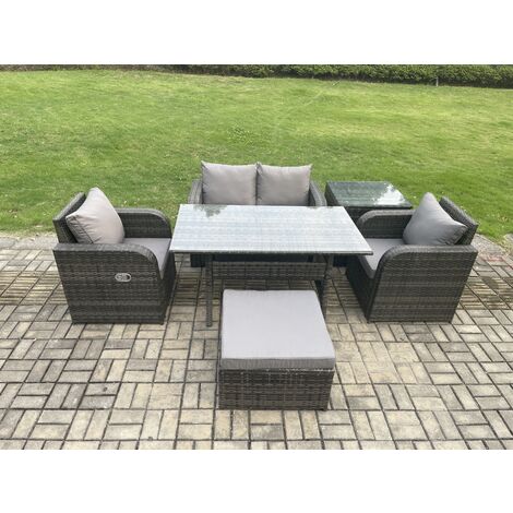 Fimous Outdoor Rattan Garden Furniture Lounge Sofa Set With Oblong Rectangular Dining Table 2 PC Reclining Chair Side Table Big Footstool