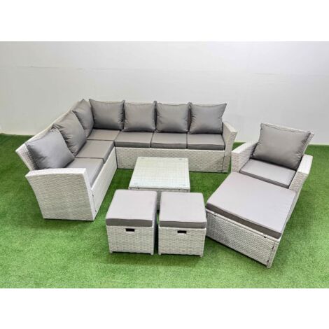 Fimous Outdoor Rattan Garden Furniture Set 10 Seater Corner Sofa Sets with Square Coffee Table Chair 3 Footstools Light Grey Mixed
