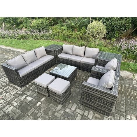 Fimous Outdoor Rattan Garden Furniture Set 10 Seater Patio Lounge Sofa Set with 2 Armchairs Square Coffee Table 2 Side Tables 2 Small Footstool Dark Grey Mixed