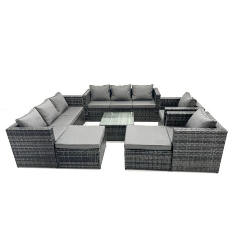 Fimous Outdoor Rattan Garden Furniture Set 10 Seater Patio Lounge Sofa Set with Armchair Square Coffee Table 2 Big Footstool Dark Grey Mixed
