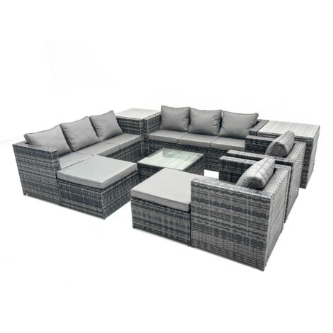 Fimous Outdoor Rattan Garden Furniture Set 10 Seater Patio Lounge Sofa Set with Armchair Square Coffee Table 2 Side Tables 2 Big Footstool Dark Grey Mixed