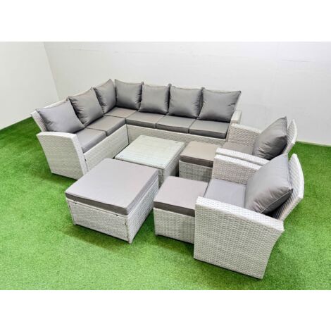 Fimous Outdoor Rattan Garden Furniture Set 11 Seater Corner Sofa Sets with Square Coffee Table Chair 3 Footstools Light Grey Mixed