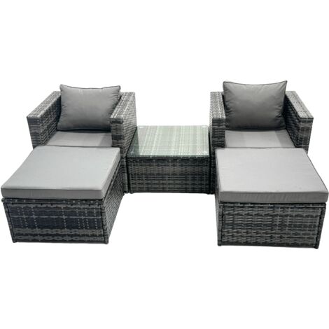 Fimous Outdoor Rattan Garden Furniture Set 4 Seater Patio Lounge Sofa Set with Armchair Square Coffee Table 2 Big Footstools Dark Grey Mixed