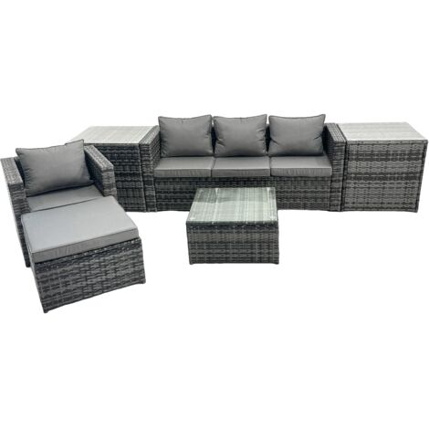 Fimous Outdoor Rattan Garden Furniture Set 5 Seater Patio Lounge Sofa Set with Armchair Square Coffee Table Big Footstool Dark Grey Mixed