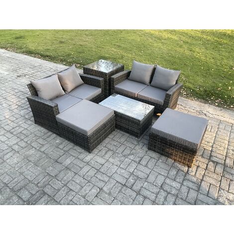 Fimous Outdoor Rattan Garden Furniture Set 6 Seater Patio Lounge Sofa Set with Side Table Coffee Table 2 Big Footstool Dark Grey Mixed