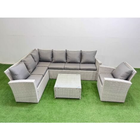 Fimous Outdoor Rattan Garden Furniture Set 7 Seater Corner Sofa Sets with Square Coffee Table Chair Light Grey Mixed