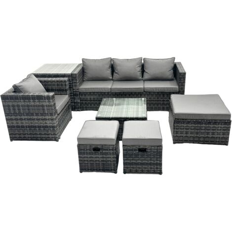 Fimous Outdoor Rattan Garden Furniture Set 7 Seater Patio Lounge Sofa Set with Armchair Square Coffee Table Side Table 3 Footstools Dark Grey Mixed