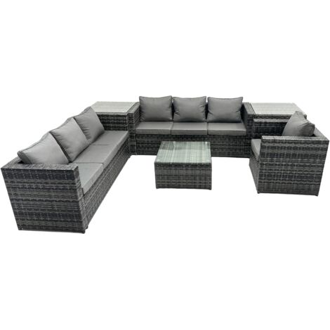 Fimous Outdoor Rattan Garden Furniture Set 7 Seater Patio Lounge Sofa Set with Armchair Square Coffee Table Side Table Dark Grey Mixed