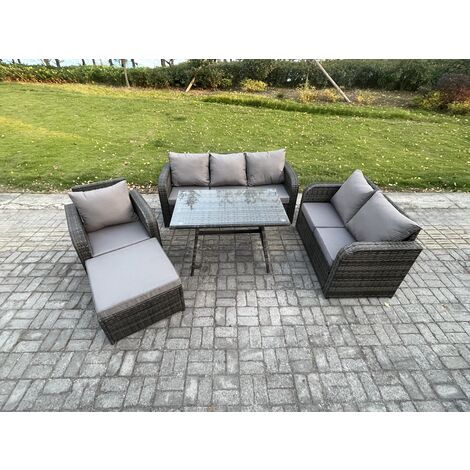 Fimous Outdoor Rattan Garden Furniture Set 7 Seater Patio Lounge Sofa Set with Dining Table Big Footstool Dark Grey Mixed