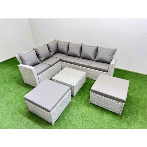Fimous Outdoor Rattan Garden Furniture Set 8 Seater Corner Sofa Sets with Square Coffee Table 2 Big Footstools Light Grey Mixed