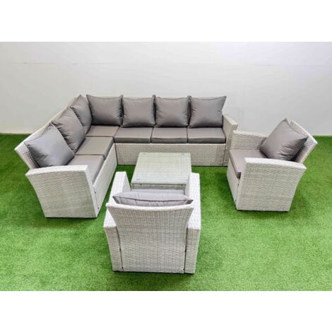 Fimous Outdoor Rattan Garden Furniture Set 8 Seater Corner Sofa Sets with Square Coffee Table 2 Chairs Light Grey Mixed