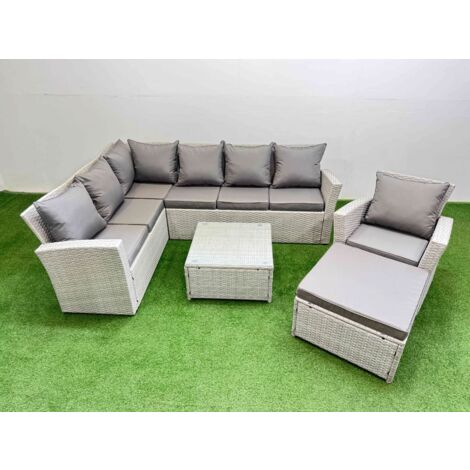 Fimous Outdoor Rattan Garden Furniture Set 8 Seater Corner Sofa Sets with Square Coffee Table Chair Big Footstool Light Grey Mixed
