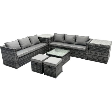 Fimous Outdoor Rattan Garden Furniture Set 8 Seater Patio Lounge Sofa Set with Square Coffee Table 2 Side Table 2 Small Footstools Dark Grey Mixed