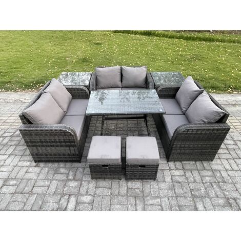 Fimous Outdoor Rattan Garden Furniture Set 8 Seater Patio Love Sofa Set with Rectangular Dining Table 2 Small Footstools 2 Side Tables Dark Grey Mixed
