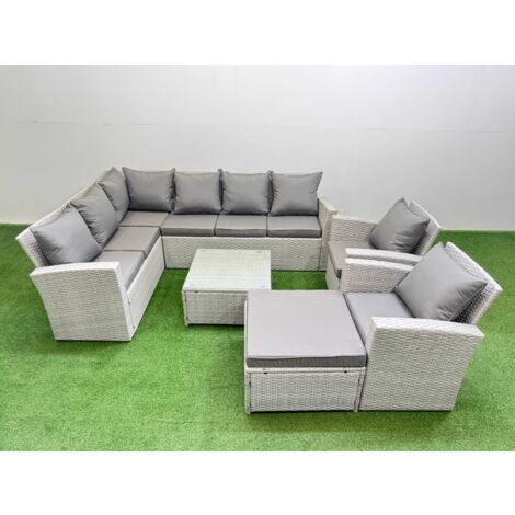 Fimous Outdoor Rattan Garden Furniture Set 9 Seater Corner Sofa Sets with Square Coffee Table Chair Big Footstool Light Grey Mixed