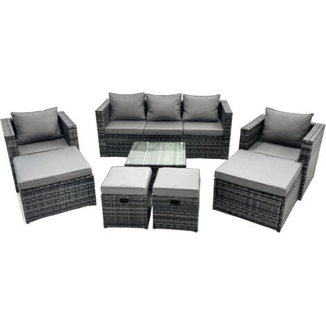 Fimous Outdoor Rattan Garden Furniture Set 9 Seater Patio Lounge Sofa Set with Armchair Square Coffee Table 4 Footstool Dark Grey Mixed