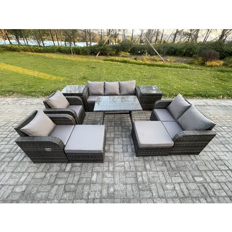 Fimous Outdoor Rattan Garden Furniture Set 9 Seater Patio Lounge Sofa Set with Dining Table 2 Big Footstool 2 Side Tables Dark Grey Mixed