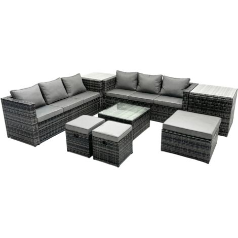 Fimous Outdoor Rattan Garden Furniture Set 9 Seater Patio Lounge Sofa Set with Square Coffee Table 2 Side Table 3 Footstools Dark Grey Mixed