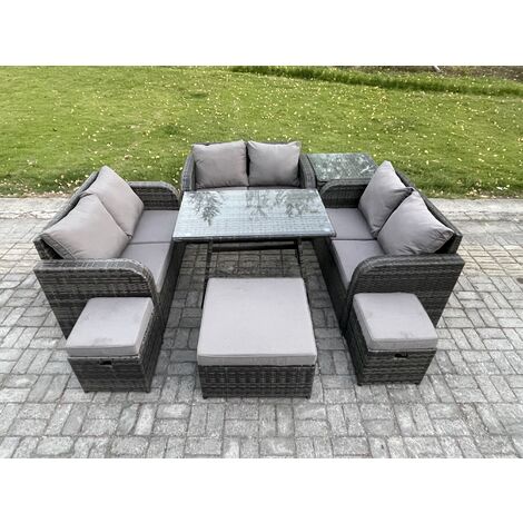 Fimous Outdoor Rattan Garden Furniture Set 9 Seater Patio Love Sofa Set with Rectangular Dining Table 3 Footstools Side Table Dark Grey Mixed