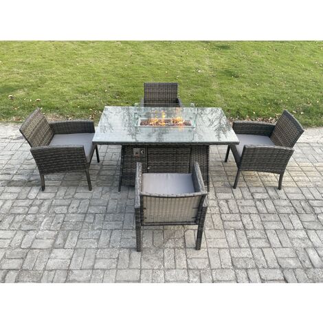 Fimous Outdoor Rattan Garden Furniture Set Gas Fire Pit Rectangular Table Sets Gas Heater with 4 Seater Dining Cahirs Dark Grey Mixed