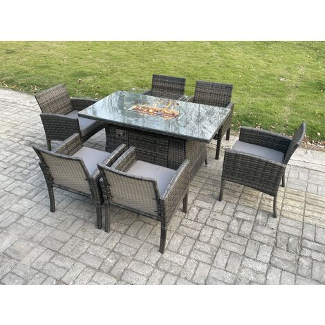 Fimous Outdoor Rattan Garden Furniture Set Gas Fire Pit Rectangular Table Sets Gas Heater with 6 Seater Dining Cahirs Dark Grey Mixed