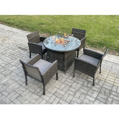 Fimous Outdoor Rattan Garden Furniture Set Gas Fire Pit Round Table Sets Gas Heater with 4 Seater Dining Cahirs Dark Grey Mixed