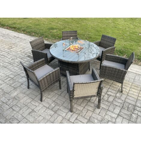 Fimous Outdoor Rattan Garden Furniture Set Gas Fire Pit Round Table Sets Gas Heater with 6 Seater Dining Cahirs Dark Grey Mixed