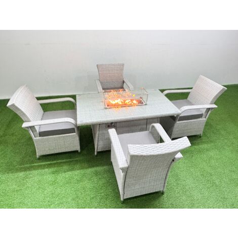 Fimous Outdoor Rattan Garden Furniture Set Patio 4 Chairs Plus Gas Fire Pit Table Sets Light Grey Mixed